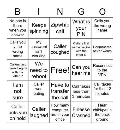 Support Center Bingo Card
