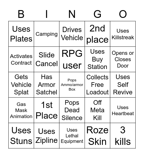 Warzone Bingo Solos Bingo Card