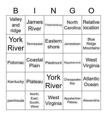 Virginia Geography Bingo Card