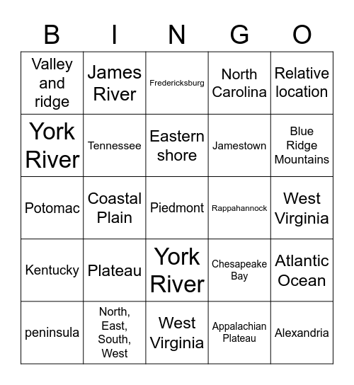 Virginia Geography Bingo Card