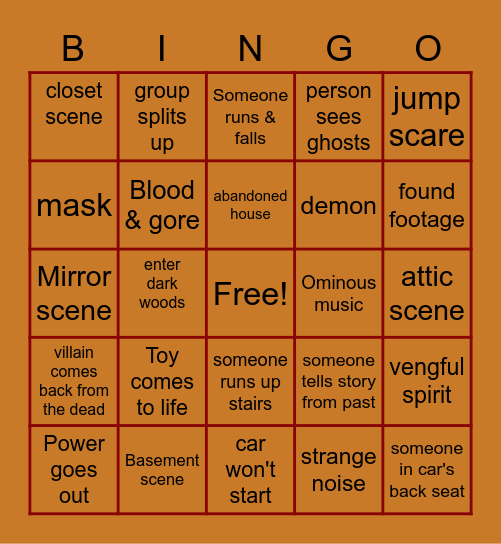 Horror Movie Bingo Card