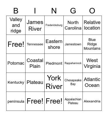 Virginia Geography Bingo Card