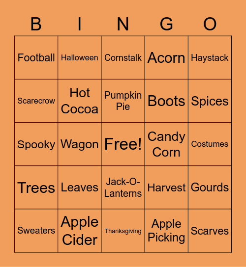 All Things Fall Bingo Card
