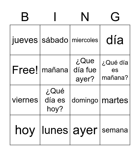 days of the week vocabulary Bingo Card