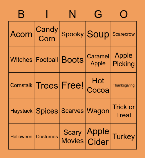 All Things Fall Bingo Card