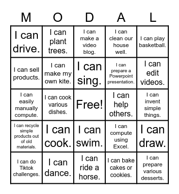 I Can! Bingo Card