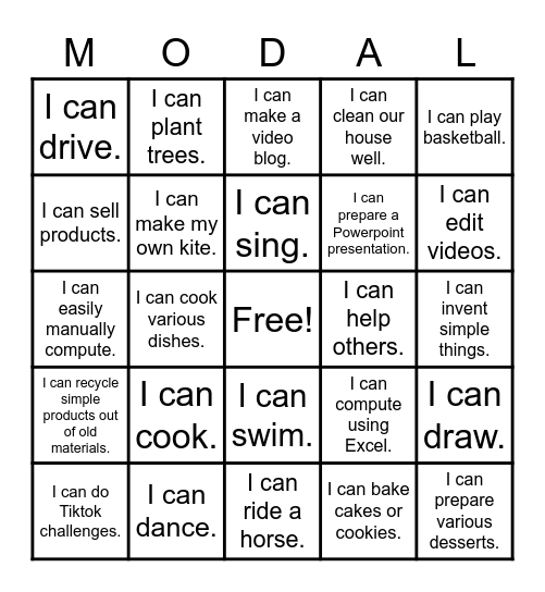 I Can! Bingo Card