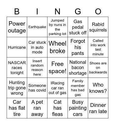 Johnny can’t race Bingo Card