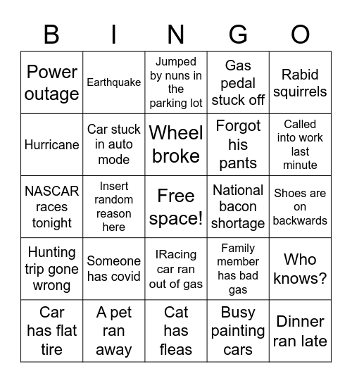 Johnny can’t race Bingo Card