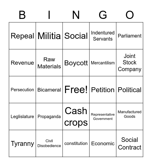 Units 1 & 2 Vocabulary Bingo Card