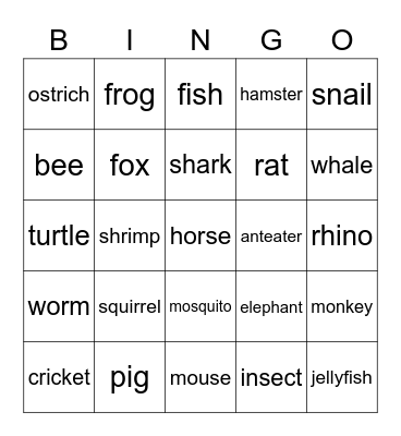 Animals Bingo Card