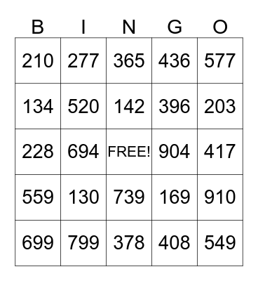 Place Value Bingo Card