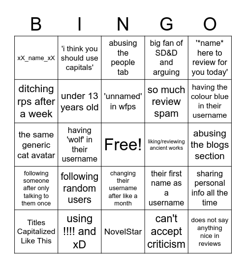 new ywser Bingo Card