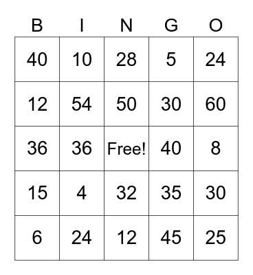 6,5,4  multiplication Bingo Card