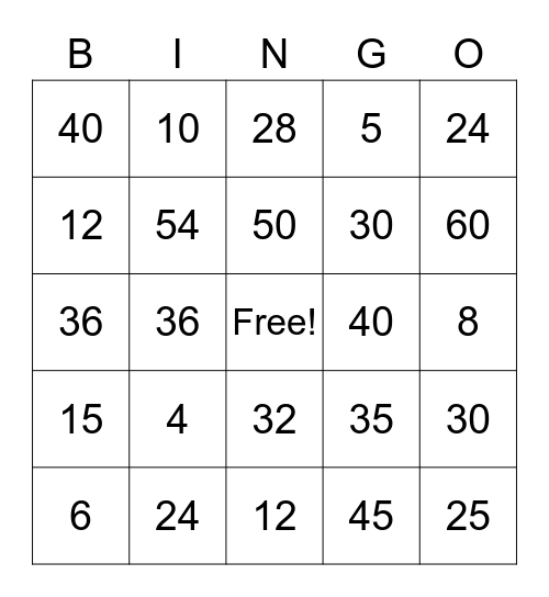 6,5,4  multiplication Bingo Card
