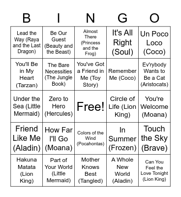 Disney Songs Bingo Card