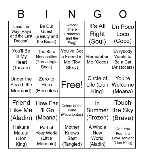 Disney Songs Bingo Card