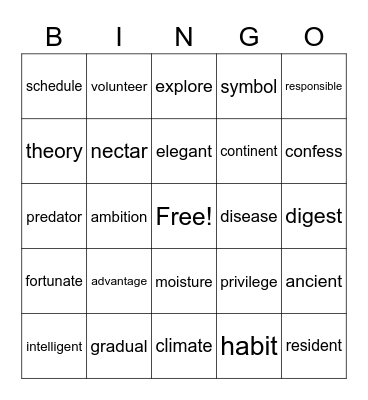 Vocabulary Bingo Card