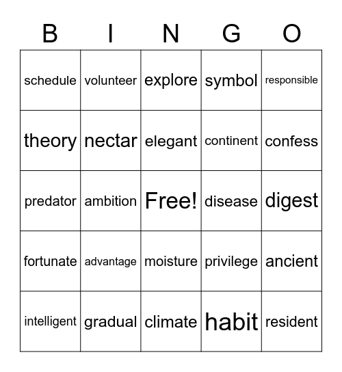 Vocabulary Bingo Card