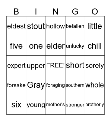 Adjective Bingo Card