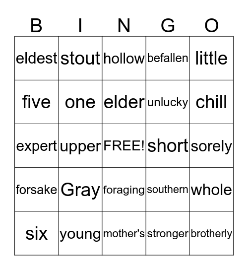 Adjective Bingo Card