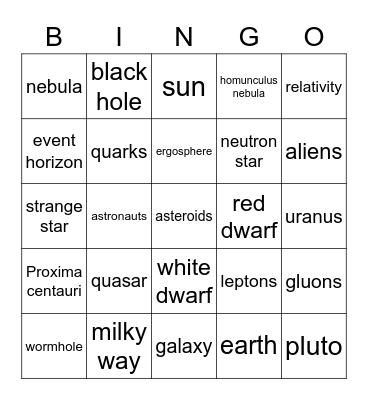 Things in Space Bingo Card