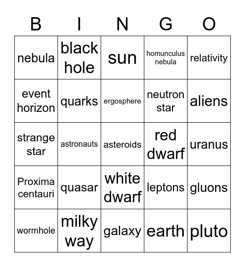 Things in Space Bingo Card