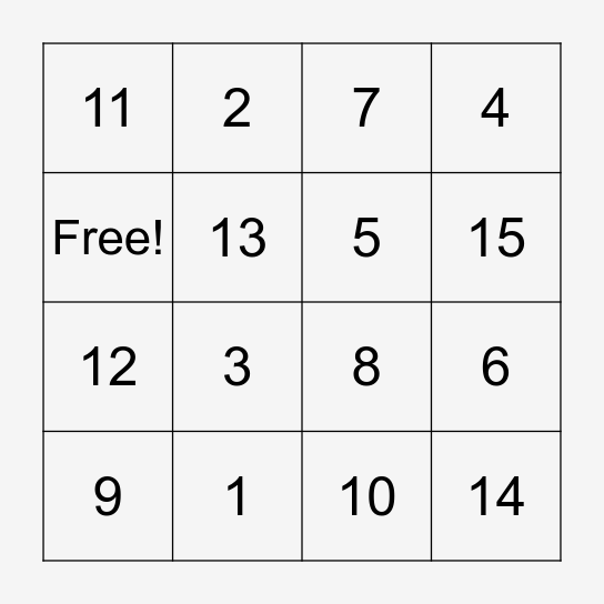 Number Bingo Card