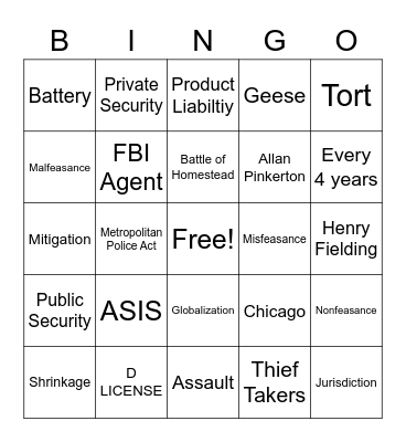 Security  & Protective Services Bingo Card
