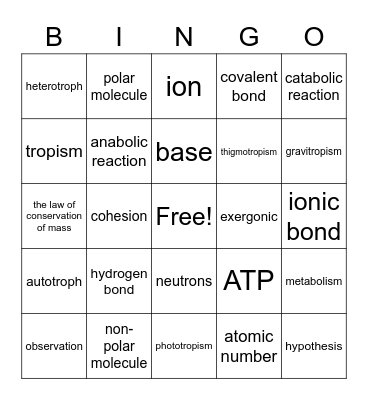 Honors Unit 1 Chemistry of Life Bingo Card