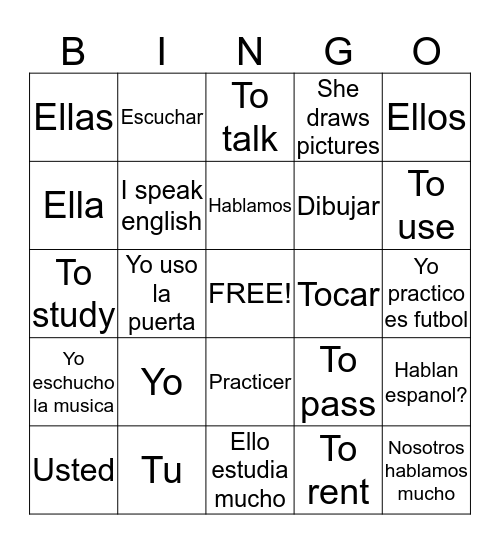 -Ar ending verbs Bingo Card