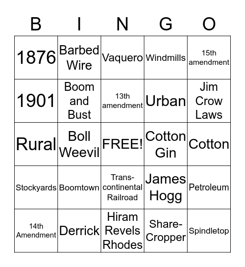 Cattle - Cotton -Railroads Bingo Card
