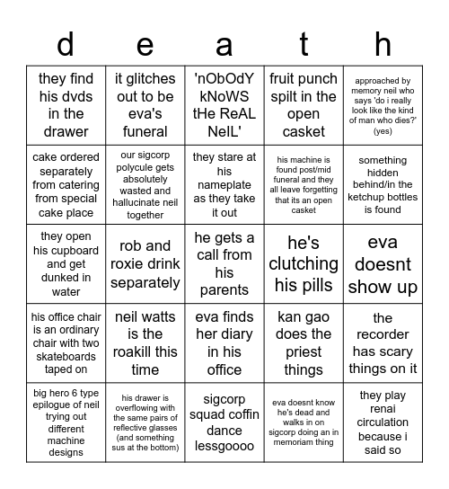 neil watts' funeral planner Bingo Card