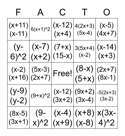 Factoring Bingo Card