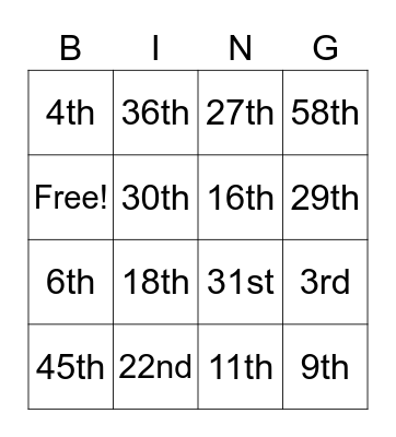 Ordinal numbers Bingo Card