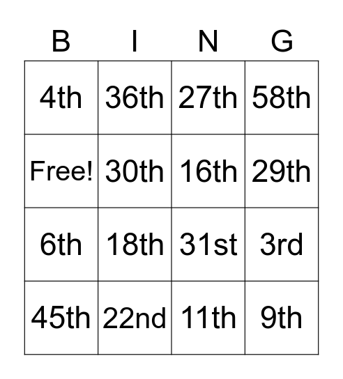 Ordinal numbers Bingo Card