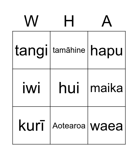 Whare Whare - Kupu Māori 1 Bingo Card