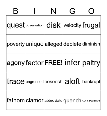 Vocabulary BINGO Card