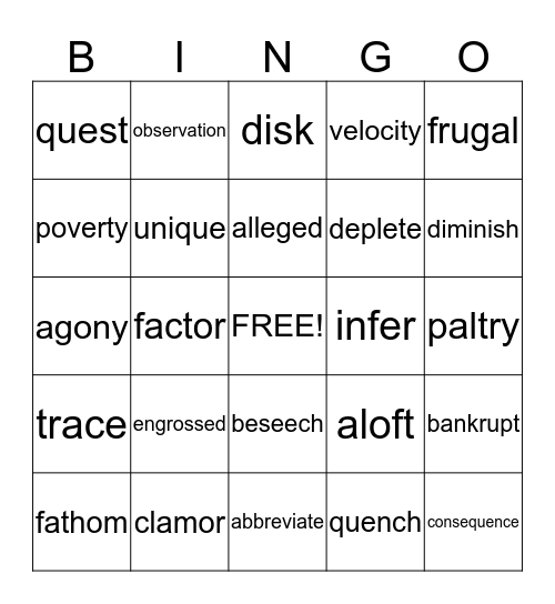 Vocabulary BINGO Card