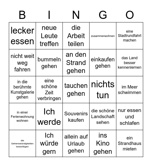 Was wirst du dort machen? Bingo Card