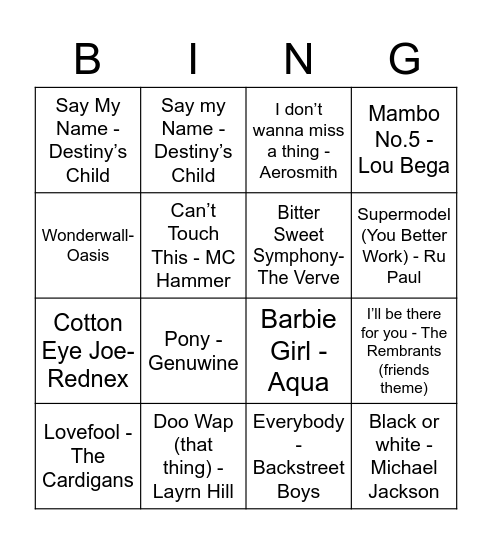 90's Bingo! Bingo Card