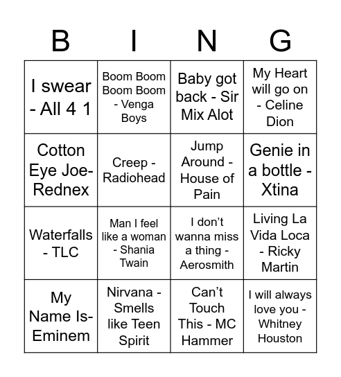 90's bingo! Bingo Card
