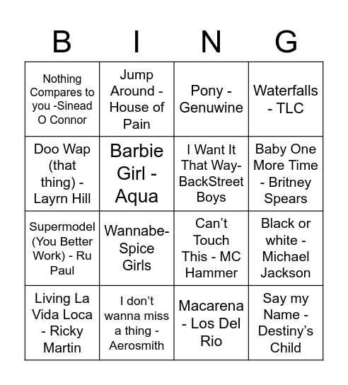 90's Bingo! Bingo Card