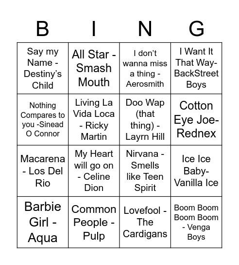 90'S Bingo! Bingo Card