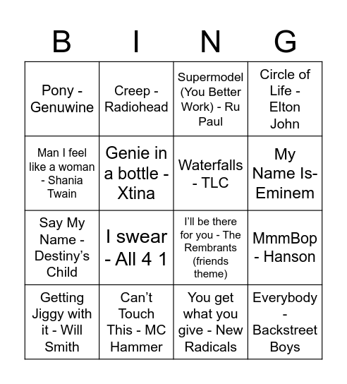 90's Bingo! Bingo Card