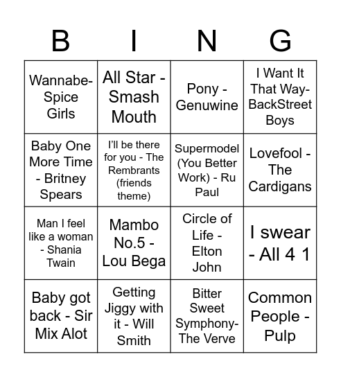 90's Bingo! Bingo Card