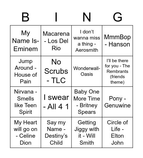 90's Bingo! Bingo Card
