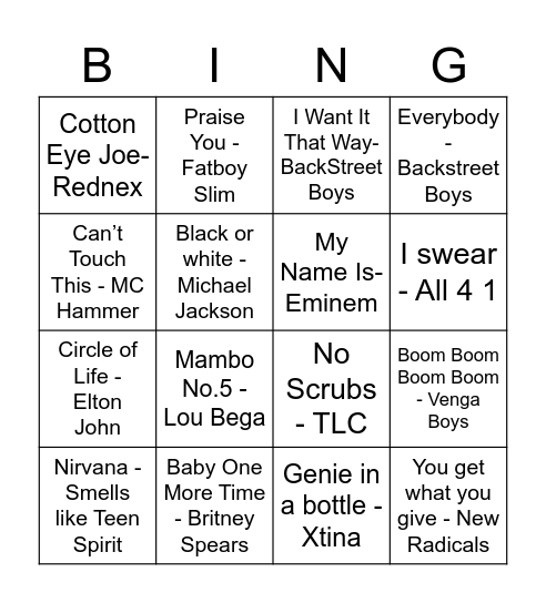 90's Bingo! Bingo Card