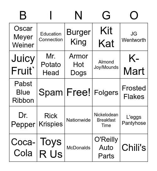 TV Commercial Bingo Card