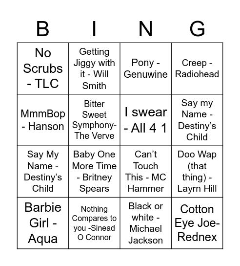 90's Bingo! Bingo Card